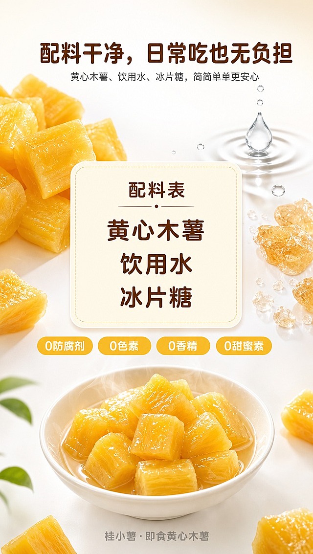[商品] 使用【图2】【图3】【图4】的即食黄心木薯块作为产品实物参考；保留黄心木薯的金黄色泽、软糯质地、切块形态和水润光泽；木薯块真实自然，表面带有晶莹的糖水光泽，颗粒饱满。使用【图1】包装上的品牌名「桂小薯」和产品名「即食黄心木薯」作为品牌识别元素，不改变包装原有文字。

[画面] 页面目标：突出配料干净、0添加、日常吃无负担，打动宝妈、老人、轻食人群。构图：居中对称式，画面中心放置一个放大的「配料表」信息卡作为视觉核心；配料表周围环绕真实食材元素——左上黄心木薯块堆、右上清水水滴与冰片糖晶体、下方一小碗盛着木薯块的糖水；背景为干净的纯白色，带极浅的暖黄渐变光晕，营造清爽干净的高级感。主体占比：配料表信息卡约占画面宽度55%，位于画面正中偏上；周围食材元素自然散落，形成「配料简单」的视觉叙事。前中后景：前景小碗糖水（带轻微蒸汽感），中景配料表卡+木薯块+冰片糖，背景纯白柔光。整体大师美食摄影氛围，柔和顶光，木薯块表面有晶莹高光，水润有食欲。

[视觉] 套系策略：风格=大师级美食商业摄影，简约高级，干净清爽；标题字=现代圆润无衬线粗体（温暖亲和）；正文字=简洁无衬线体；主色=清爽白（米白/纯白）；背景延展=纯白底+极淡暖黄渐变光晕，中心亮四周柔暗；强调色=暖金黄色（取自木薯本身），仅用于小面积标签底、图标、点缀光效；标题色=深暖棕（接近木薯色）；正文色=中暖灰；组件=圆角浅米色信息卡、细线圆形图标、暖黄胶囊标签；光影=顶部柔和漫射光+轻微侧逆光勾勒轮廓，木薯块表面有晶莹高光和糖水反光，整体通透干净。

[文字] 所有文字横向排版，不遮挡配料表核心信息和木薯主体。
- 画面顶部居中：主标题「配料干净，日常吃也无负担」（大号粗体，深暖棕色）
- 主标题下方：副标题「黄心木薯、饮用水、冰片糖，简简单单更安心」（中号，中暖灰色）
- 画面正中：配料表信息卡（圆角浅米色底，深棕字），标题「配料表」，内容三行：黄心木薯、饮用水、冰片糖（字号放大，清晰醒目）
- 配料表下方横向排列4个暖黄胶囊标签：「0防腐剂」「0色素」「0香精」「0甜蜜素」（白色字，暖黄底，等距排列）
- 画面底部小字：「桂小薯·即食黄心木薯」（品牌露出，浅灰色）
文字层级清晰，手机端可读，不出现蚂蚁字。

[规格] 图片比例9:16竖版，4K分辨率，拼多多详情页适配。负向提示：避免冷蓝/冷灰背景、高饱和艳色、杂乱元素、文字竖排/斜排、文字过小、错字、木薯颜色失真、质感塑料化、过度PS、医疗化表述、极限词、二维码、平台Logo水印。