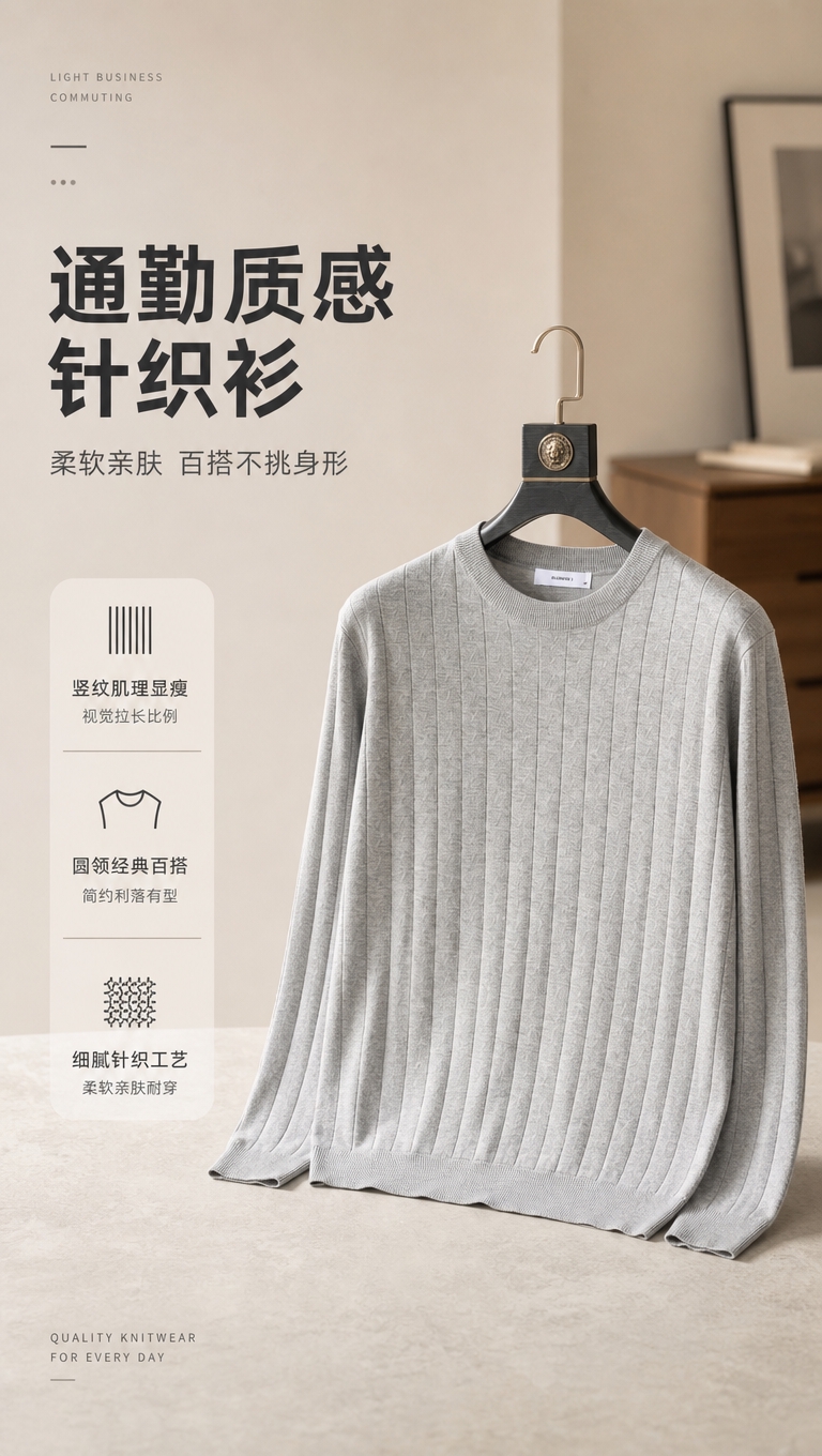 [商品] 使用【图1】浅灰色男士圆领竖纹针织衫；商品处理：保留… - 图片创意预览