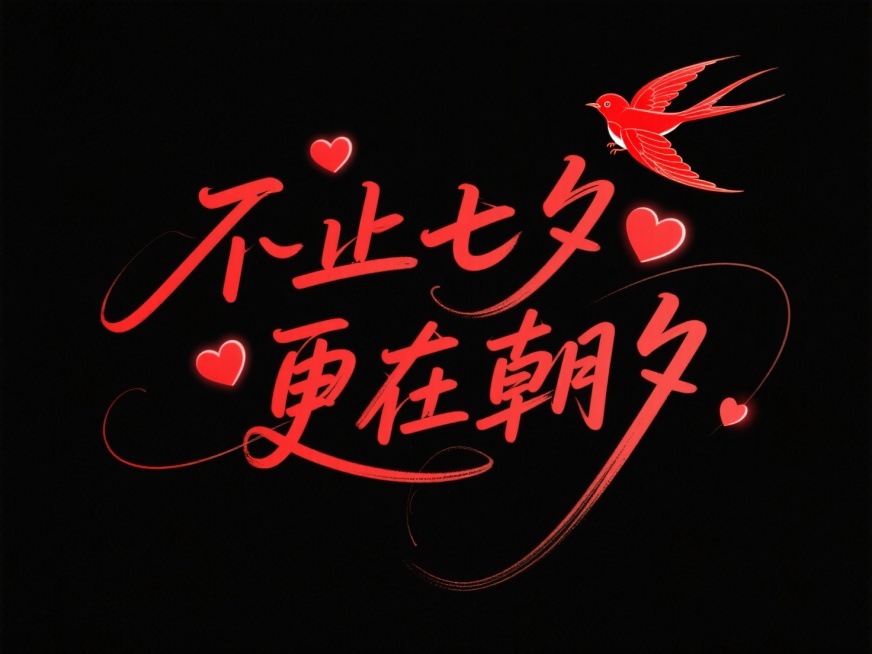文字“不止七夕 更在朝夕”，文字穿插点缀爱心和喜鹊。高级感，黑底红字。预览效果