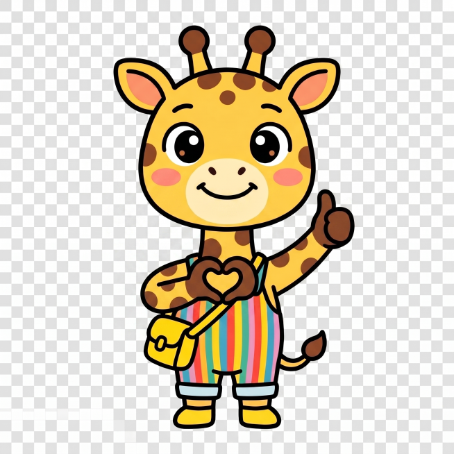 保持这只可爱长颈鹿的形象，做一个比心点赞的表情包，卡通风格，透明背景预览效果