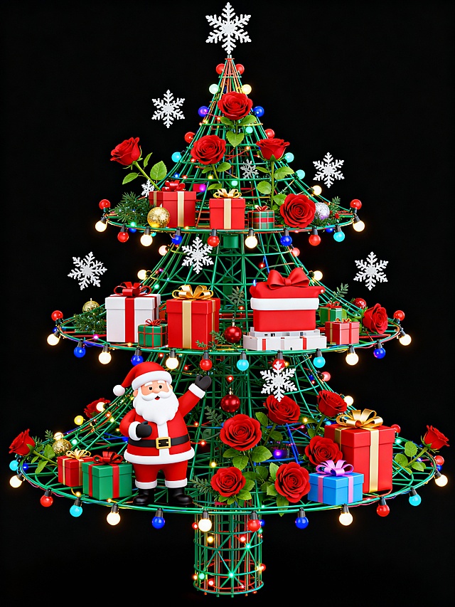 圣诞老人 礼物 玫瑰花 彩灯 雪花 共同组成的圣诞树 颜色艳丽 色彩明快