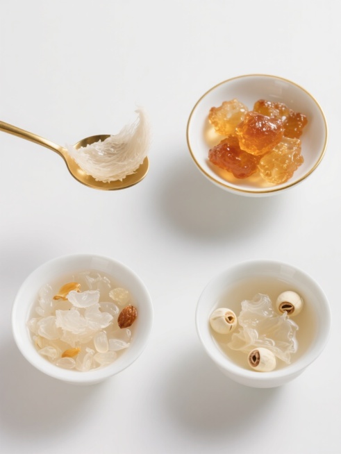 纯白背景上，四个等大的养生食品元素规整排布成系列素材集合，每个元素均保持高清写实风格与柔和光影效果。左上角为金色勺子舀起晶莹剔透的燕窝，拉丝质感细腻；右上角是盛在金边白瓷碗中的桃胶，琥珀色胶体饱满透亮；左下角展示雪燕与皂角米的混合炖煮物，半透明颗粒悬浮于清液中；右下角呈现银耳莲子羹，胶质浓稠的汤汁包裹着完整莲子，整体色调以纯净白、浅金、淡琥珀色为主，营造出高端养生食品的清新自然与营养感。预览效果