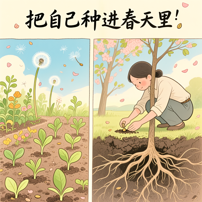 「种春天的人」连环画分镜1：播种序曲，水彩手绘风格，暖春清新色调，1:1比例2K分辨率。画面左侧是种满不同植物嫩芽的小花园，右侧是刚破土的小树，两者根系在地下紧紧缠绕相连，老师蹲在旁边将一粒种子埋进土预览效果