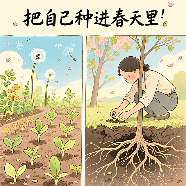 插画风漫画，水彩质感渲染春日生机，清新可爱中透着温馨励志，女孩种下希望，根系蔓延象征成长，传递春天的治愈力量。