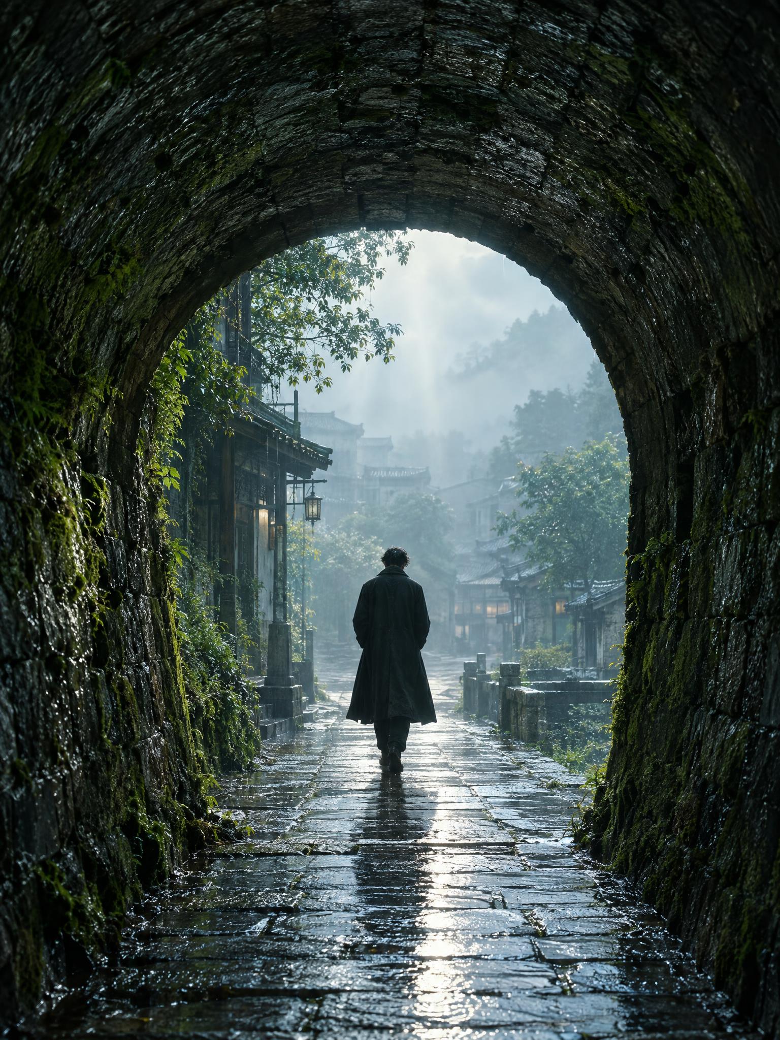 竖版3:4电影感静帧：站在潮湿的圆形石隧道内向外拍摄，隧道拱顶… - 图片创意预览