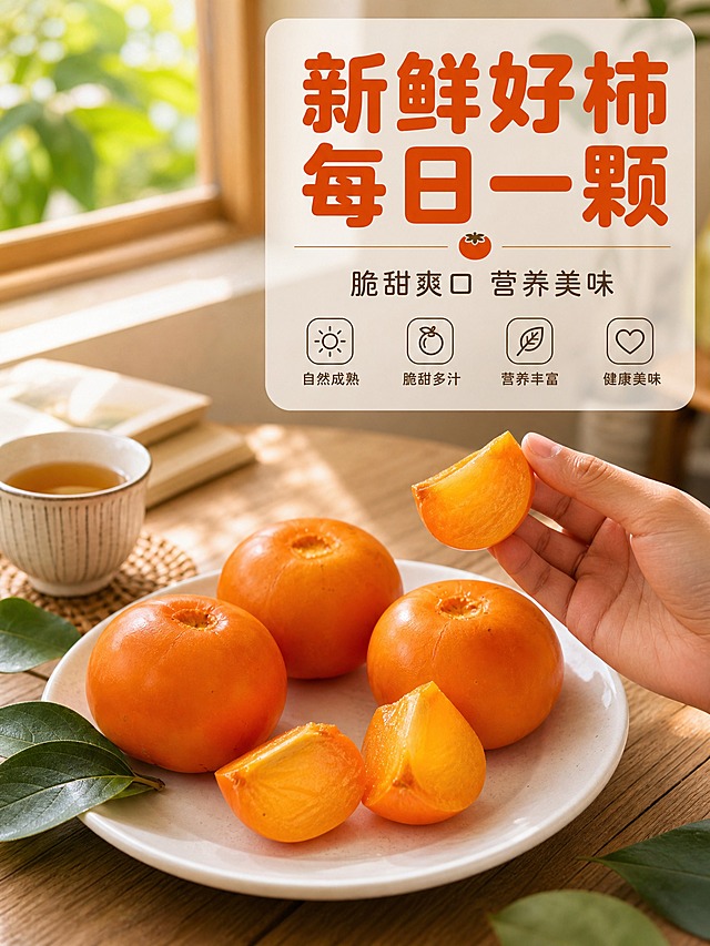 [主图-4] 场景与体验，生活化食用场景，代入感强，刺激购买欲望。
[统一基调] 整体风格为自然新鲜果园风，暖调自然光，背景主色为暖橙+果叶绿渐变，标题字色为深橙红粗体字，辅助字色为深棕色，强调色为亮黄色，字体为厚重圆润黑体，字号层级分明，卡片样式为圆角半透明暖白底，图标为简约线条风。
[画面] 温馨的居家餐桌场景，木质餐桌上摆放着一个白瓷盘，盘中放着三颗完整的脆甜柿子和两块切好的柿子果肉，旁边有一杯清茶和几片柿叶装饰。一只手正拿起一块切好的柿子准备食用，手部自然真实，动作自然。背景是虚化的室内窗边，有温暖的自然光洒入，窗外隐约可见绿色植物。整体氛围温馨惬意，表现日常享用新鲜水果的生活方式。
[光影质感] 自然窗边柔光，主光从左侧窗户射入，在桌面和柿子上形成柔和光影，阴影自然，整体温暖明亮，生活摄影质感，真实有代入感。
[配色] 背景暖米色室内环境，木质桌面浅棕色，柿子橙红色，白瓷盘白色，手部肤色自然，文字深橙红+深棕，整体暖调温馨。
[文字版式] 画面右上角大标题"新鲜好柿 每日一颗"，下方小字"脆甜爽口 营养美味"，文字放在半透明暖白圆角卡片上，不遮挡主体场景。
[输出要求] 3:4比例，文字清晰可读，场景真实自然，手部正常无畸形，无变形错字，无水印无平台Logo，禁止模糊杂乱，禁止悬浮感。
