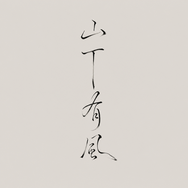 干净的浅灰色背景，平面书法字体设计，四个字“山下有风”，字体风格为写意枯笔行草，日式禅意和风书道侘寂书风，要求字体飘逸空灵，挥洒笔触，带有飞白干墨效果，局部枯笔留白，整字疏密错落有致，字体超细劲瘦。山预览效果