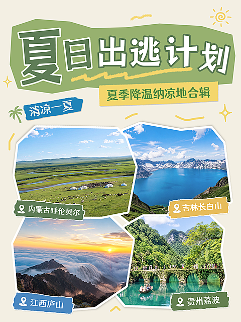 夏季旅游降温目的地合辑推荐宣传手账风小红书配图