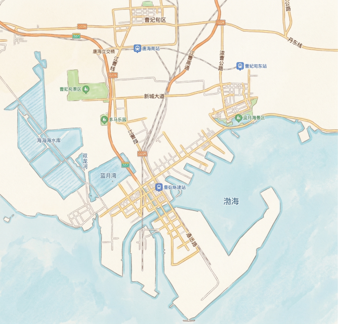 将参考地图转换为清新手绘风格地图，保留所有道路、标注、区域和水域布局，线条柔和自然，采用马克笔手绘质感，整体风格清新治愈预览效果