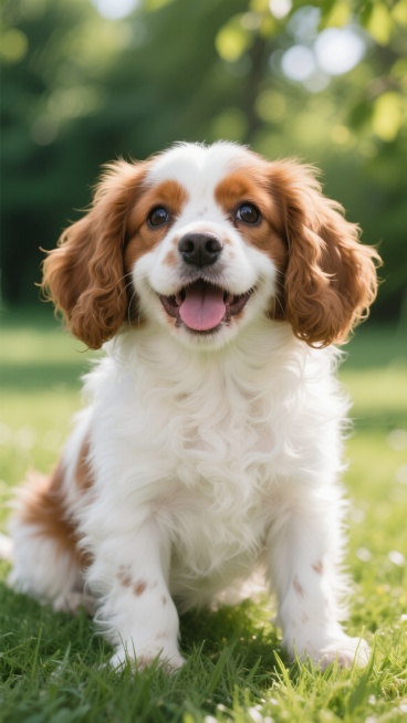 一只棕白相间的小狗，毛发蓬松柔软，棕色耳朵耷拉着，白色毛发从头顶延伸到胸前和腹部，它坐在绿色的草地上，嘴巴张开，舌头微微伸出，眼睛明亮有神，背景是模糊的绿色植物，阳光透过树叶洒在草地上，营造出温暖、自然、欢快的氛围，高清摄影，写实风格，光影柔和，色彩鲜明，细节清晰。预览效果