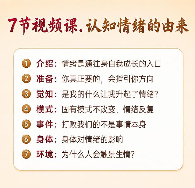 保持第一张图的所有文字内容和排版布局完全不变，参考第二张图的风格进行修改：
1. 标题'7节视频课.'的字体和颜色与第二张图'3天直播课.'完全一致（红色书法字体）
2. 标题'认知情绪的由来'的字体和颜色与第二张图'信念系统梳理'完全一致（金色书法字体）
3. 去掉标题的棕色底色框，标题直接显示在背景上
4. '介绍、准备、觉知、模式、事件、身体、环境'这几个关键词的字色与第二张图'觉醒篇'的深红色一致
5. 整体背景采用第二张图的米黄色渐变风格
6. 列表序号改为金色圆形序号样式，参考第二张图
7. 内容卡片保持白色圆角风格，参考第二张图的卡片质感
8. 所有文字内容和排版位置完全不变