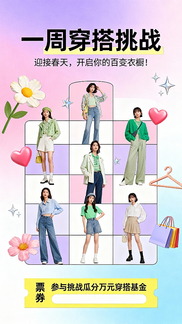 活动类型： 话题挑战赛 & 新品推广

主题内容：
为一个快时尚或设计师服装品牌的春季新品系列发起穿搭挑战。鼓励用户用品牌单品（或模仿其风格），发布自己的一周穿搭合集，最佳作品可获得购物基金。

• 活动口号： 迎接春天，开启你的百变衣橱！参与挑战瓜分万元穿搭基金。
• 核心机制： 发布指定格式的穿搭合集笔记→根据互动数据与质量评选。
  • 目标： 强力曝光新品系列，展示单品的多样搭配可能性，驱动销售转化。

创意思路与设计建议：

1. 创意核心： “模板”与“展示”。提供清晰的参与模板（如“一周七天格子图”），降低用户的创作难度。同时，穿搭内容是小红书的核心流量密码，极易引发模仿和讨论。
2. 广告设计切入点：
   • 视觉锚点： 设计一个极具吸引力的 “穿搭预览模板” 作为广告主视觉。例如，将7套精致的穿搭平铺成一张具有设计感的拼图（周一至周日）。
   • 信息分层：
     • 第一眼（定义主题）： 醒目大字 “挑战！” 或 “一周穿搭”。
     • 第二眼（展示范例）： 用品牌新品完成的7套搭配示例图，直观展示活动成果。
     • 第三眼（号召参与）： 明确的活动奖励和参与话题。