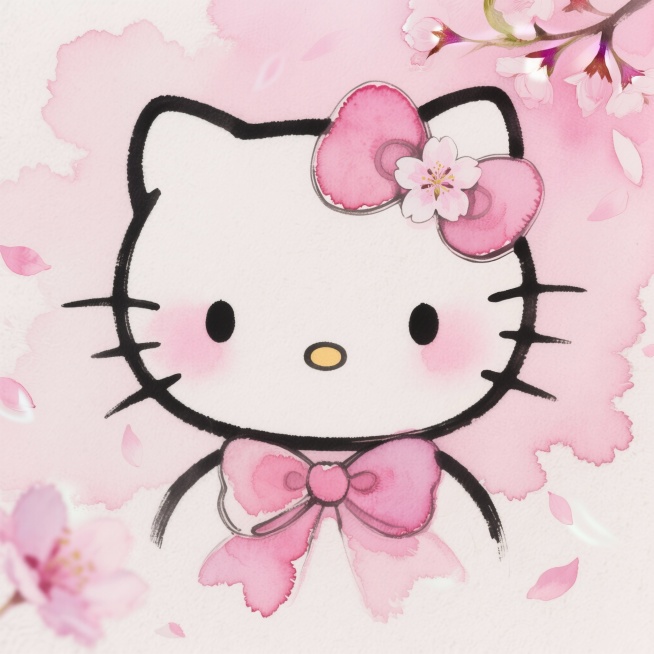 Hello Kitty头像，1:1正方形构图，樱花粉渐变蝴蝶结，耳朵上别着一朵小樱花，脸颊是樱花粉腮红，背景是飘落的樱花花瓣+淡粉色天空，水彩晕染质感，柔和光影，浪漫春日氛围，8K高清，无水印，适合樱预览效果