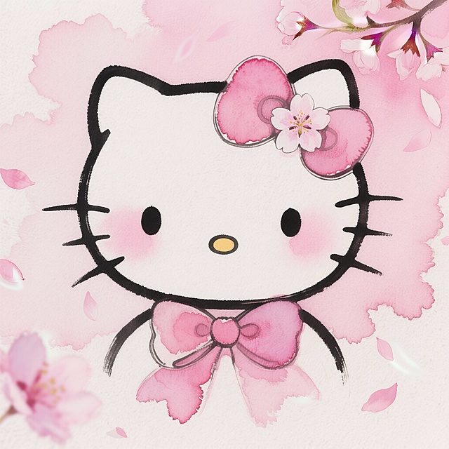 Hello Kitty头像，1:1正方形构图，樱花粉渐变蝴蝶结，耳朵上别着一朵小樱花，脸颊是樱花粉腮红，背景是飘落的樱花花瓣+淡粉色天空，水彩晕染质感，柔和光影，浪漫春日氛围，8K高清，无水印，适合樱花季专属头像