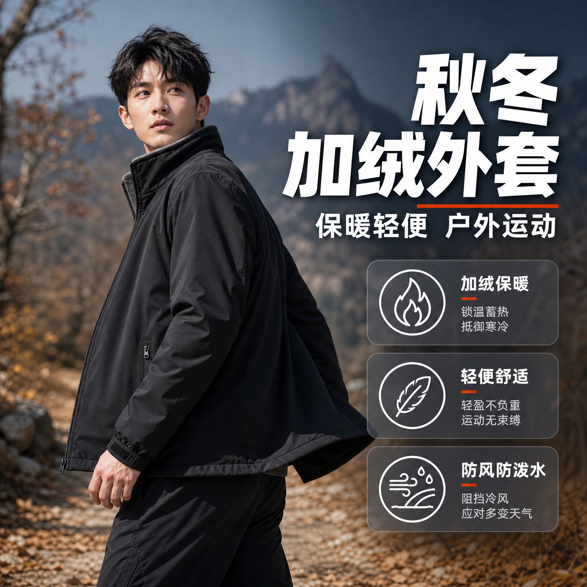 [主图-1] 核心卖点首图，主题：男士秋冬加绒外套 保暖轻便… - 图片创意预览