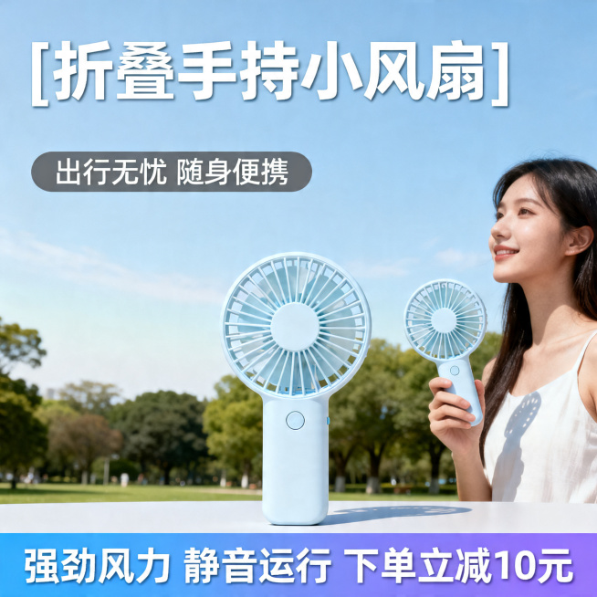 [主图 1] 夏季户外手持折叠小风扇首图。
[氛围风格] 清新夏日简约电商风；
[画质] 商业摄影质感、光线柔和通透、产品清晰真实、画面干净高级。
[元素] 折叠手持小风扇居中放置，产品完整展示，一位预览效果