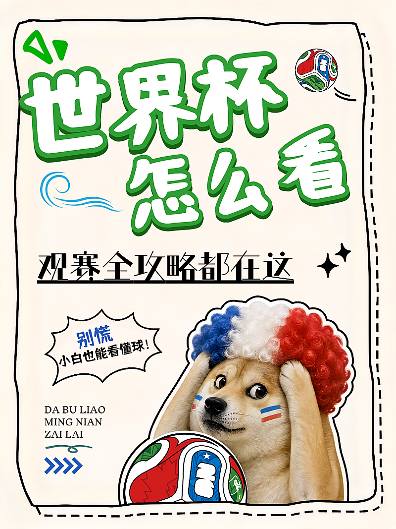 世界杯小白观赛攻略趣味表情包大字手账风小红书封面