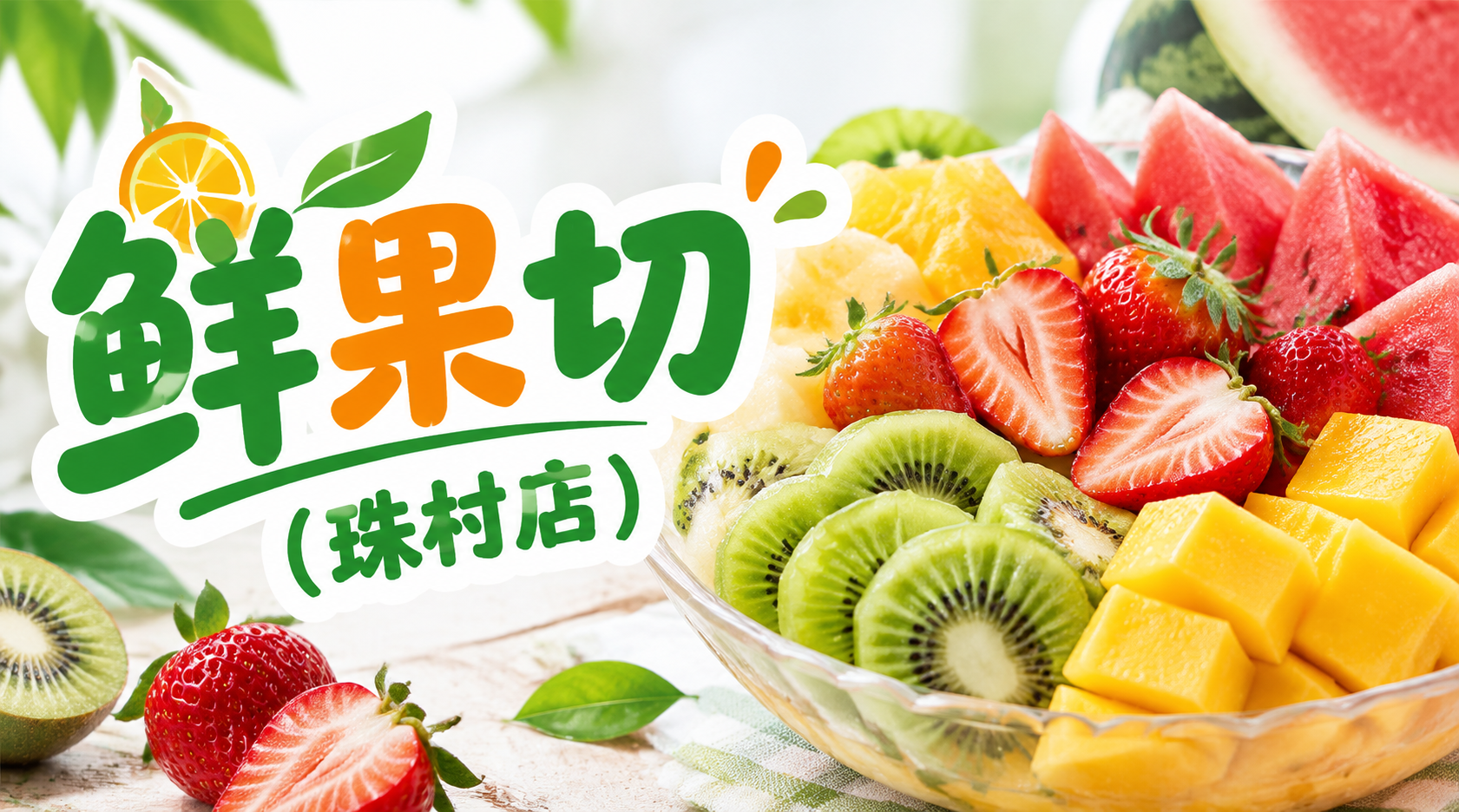鲜果切(珠村店)店铺店招设计，写真风格水果切主题，横版构图，画… - 图片创意预览
