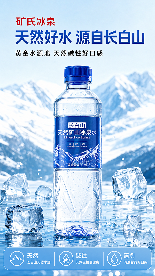[第1屏] 详情页头图-矿氏冰泉长白山天然矿泉水宣传海报，完全复刻参考图的版式构图和内容。
[氛围/风格] 清新自然冷冽风格，蓝白清爽配色，商业电商摄影质感，通透干净。
[元素布局] 保持矿泉水瓶外观、品牌LOGO、颜色、瓶身文字信息与输入产品图【图4】完全一致，物理结构、材质质感、颜色杜绝任何变形和色差，精细化处理。矿泉水瓶居中放置在画面偏下区域，商品主体占比约60%。前景水面散落多个透明冰块，水面带有晶莹水珠，背景为淡蓝色渐变雪山，保持参考图的光影层次。左上角红色品牌名"矿氏冰泉"，下方蓝色大字主标题，再下方黑色副标题。底部浅蓝色通栏分三列展示三个核心卖点，每个卖点搭配圆形图标。保持文字内容和排版和参考图完全一致：主标题"天然好水 源自长白山"，副标题"黄金水源地 天然碱性好口感"，三卖点分别为"天然 长白山天然水源"、"碱性 天然碱性更健康"、"清冽 清冽甘甜好口感"。
[光影质感] 明亮自然光，整体通透干净，前景冰块和水珠有清晰高光，产品轮廓清晰，自然柔和阴影，突出冷冽干净质感。
[配色色系] 全局底色 #e8f4fc（浅冰蓝）；主体配色保持产品原有蓝色瓶盖、蓝色标签和透明瓶身；文字蓝色+黑色+红色，点缀浅蓝图标底。
[视角构图] 正面平视视角，产品完整居中展示，画面满铺无边框，背景远山虚化突出主体。
[文字版式] 顶部红色品牌名居中，主标题蓝色大字加粗，副标题黑色小字，底部浅蓝色圆角通栏分三列，每列带白色圆形图标+白色文字，主标题字色蓝色，使用粗体无衬线字体，字效纯色填充，全套沿用此字形字色字效。文字清晰不遮挡主体。
[比例分辨率] 9:16 竖版比例，4K分辨率，文字清晰可辨，超高清。
[负向提示词] 瓶身变形，瓶盖颜色错误，文字错乱，包装文字模糊，颜色偏差，水印，背景杂乱，冰块造型怪异。