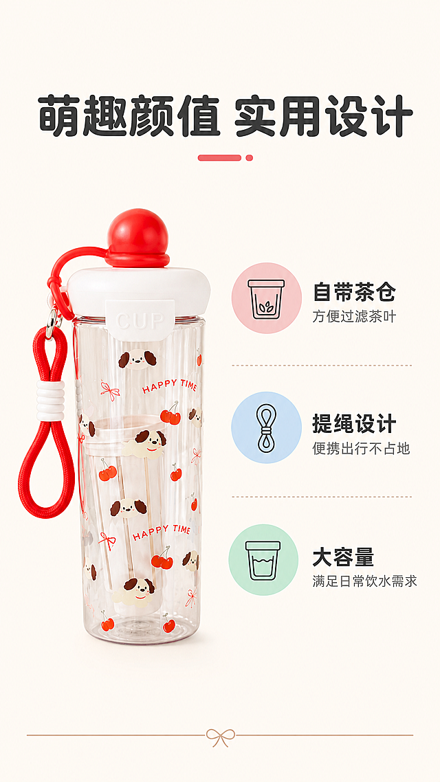 [第2屏] 浮球杯核心卖点撞色说明。
[氛围/风格] 延续温暖治愈日系风，浅奶杏背景，简洁明亮设计，信息清晰易读。
[元素布局] 左侧展示单只红色提绳款浮球杯完整外观，保持产品结构、图案、颜色和输入图一致，占据画面左侧45%区域；右侧为三个卖点信息区，每个卖点配圆形色块图标+文字说明，垂直排列，整体排版左右分区，干净清爽。背景为统一浅奶杏纯色，底部加细细浅棕装饰线。
[光影质感] 均匀柔和布光，产品清晰突出，文字锐利不模糊。
[配色色系] 全局底色：#FAF5F0（浅奶杏）；主体配色：红/蓝/粉点缀+深灰文字；辅助色：#F5B7B1（浅粉图标底）+#AED6F1（浅蓝图标底）+#ABEBC6（浅绿图标底）。
[视角构图] 产品平视展示，左右分栏构图，信息层级分明。
[文字版式] 顶部大标题「萌趣颜值 实用设计」加粗圆角深灰字，三个卖点分别为："自带茶仓" 方便过滤茶叶、"提绳设计" 便携出行不占地、"大容量" 满足日常饮水需求，每个卖点标题加粗，说明文字小号，图标放在标题左侧，整体右对齐，排版舒朗。
[比例分辨率] 9:16 竖版比例，1080×1920分辨率，2K，文字清晰可辨，超高清。
[负向提示词] 产品变形，颜色偏差，文字错乱，排版混乱，背景杂乱。