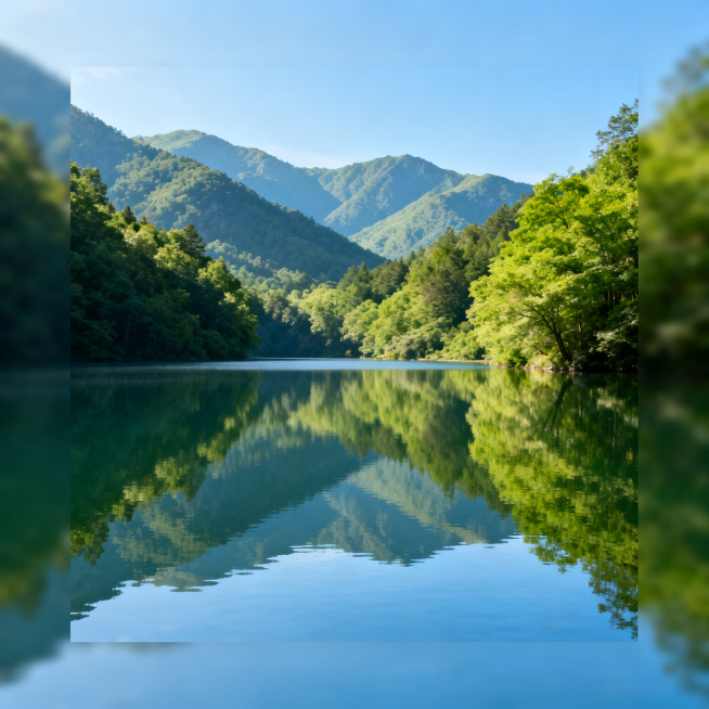 旅行风景摄影风，适合公众号社交媒体配图，清新治愈的山林湖泊风景，明亮通透色调，画面干净有呼吸感，适合文字叠加，正方形构图，清新文艺旅行风格视觉设计预览效果
