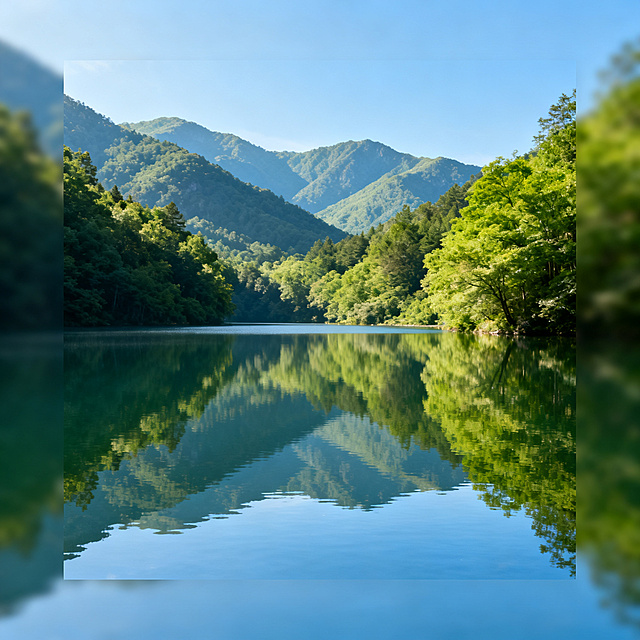 旅行风景摄影风，适合公众号社交媒体配图，清新治愈的山林湖泊风景，明亮通透色调，画面干净有呼吸感，适合文字叠加，正方形构图，清新文艺旅行风格视觉设计