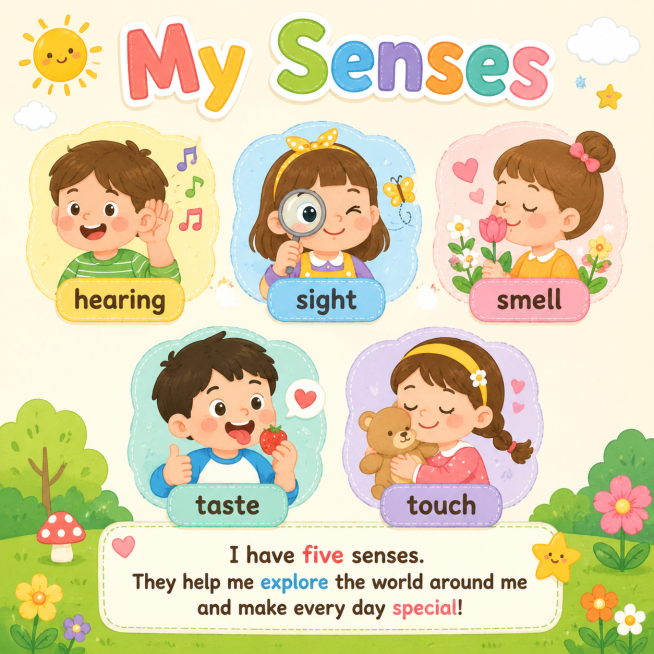 英语启蒙海报，主题是My Senses，儿童绘本风格，用可爱卡通图形分别表现听觉hearing、视觉sight、嗅觉smell、味觉taste、触觉touch，每个图形搭配对应的英语单词标签，海报底部预览效果