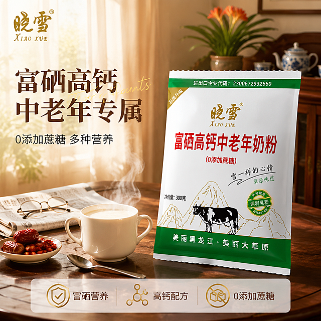 [主图-1] 中老年奶粉首图 温馨居家餐厅场景。
[氛围风格] 温暖居家 中式温馨 健康营养感；
[画质] 商业摄影质感 光线柔和通透 产品清晰真实 画面干净高级。
[元素] 晓雪富硒高钙中老年奶粉袋装产品为主体，正面45°斜立摆放，位于画面右侧，占画面约55%。**保持奶粉袋外观（绿色顶部、白色主体、金色晓雪Logo、红色产品名称、黑白奶牛图案、绿色底部、所有文字信息）与输入产品图完全一致，杜绝任何变形和色差，精细化处理**。产品平稳放置在深胡桃木色圆形餐桌上，左侧前方放一只白瓷杯，杯中盛满温热牛奶，杯口冒着袅袅热气，杯旁放一把银色小勺。餐桌左侧放一小碟红枣与枸杞，旁边有一副老花镜轻轻搭在报纸上。背景是温馨的中式餐厅：深木色餐边柜、青花瓷茶具、一盆君子兰盆栽、米色纱帘透进午后暖光。左上角放置「晓雪」品牌Logo，金色字体，与产品包装一致。
[光影] 午后暖光从左侧窗户斜入45°，主光照亮奶粉袋正面与牛奶杯热气；辅光为右侧环境漫反射，整体温暖柔和。热气在逆光下清晰可见，奶粉袋有细腻环境反光，阴影自然落在桌面上。
[配色] 主色暖木棕 奶白色；辅色产品绿 中国红 金色点缀；文字色深棕色 白色。
[视角构图] 平视微侧15°，景深中等，产品为视觉焦点，背景自然虚化，左文右图布局。
[文字版式] 左上区域左对齐排版：主标题「富硒高钙 中老年专属」深棕色粗宋体，字号最大，分两行；副文案「0添加蔗糖 多种营养」细黑体，字号约50%；主标题旁叠加英文装饰词「For Parents」浅金色手写体。底部半透明悬浮条横向排列3个卖点图标：盾牌图标配「富硒营养」 钙分子图标配「高钙配方」 禁糖图标配「0添加蔗糖」。文字均不遮挡产品主体。
[输出要求] 1:1比例 文字清晰可辨 超高清商业摄影质感。
[负向提示词] 变形 文字错乱 产品模糊 背景杂乱 水印 电商平台Logo 多余的手 人物面部 悬浮感。