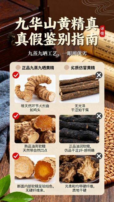 竖版电商详情页排版，顶部主标题“九华山黄精真假鉴别指南”，副标题“九蒸九晒工艺，一眼辨优劣”，下方一共三组真假对比模块，每组对比图为左右两图并列，左侧标注“正品九蒸九晒黄精”搭配红色对勾标识，右侧标注预览效果
