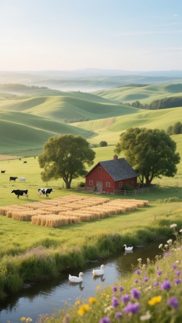 清晨阳光下的广阔农场，起伏的绿色丘陵如同波浪般延展，中央有一座传统的红色木屋，周围点缀着几棵高大的橡树，屋前的空地上晾晒着金黄的麦穗，几只奶牛在远处悠闲地啃食青草，近处的小溪边有几只白色的鸭子在嬉戏，岸边盛开着紫色和黄色的野花，远处的天际线与淡蓝色的天空相接，整体画面呈现出超写实的摄影质感，光线明亮柔和，色彩以翠绿、金黄和淡蓝为主，营造出宁静、田园诗般的乡村氛围。预览效果