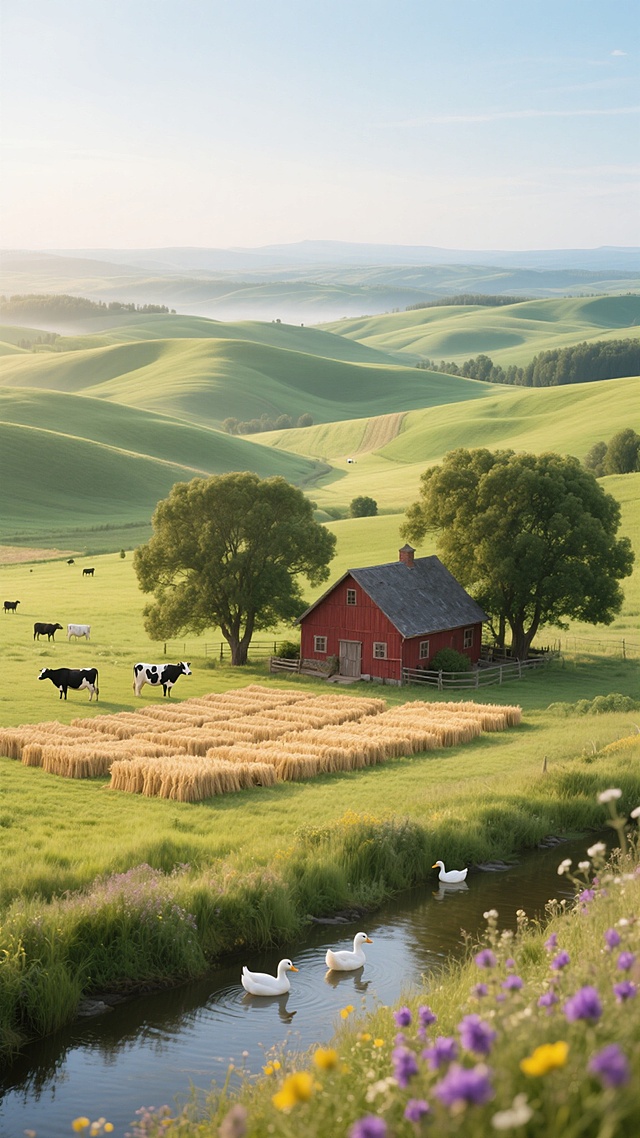 清晨阳光下的广阔农场，起伏的绿色丘陵如同波浪般延展，中央有一座传统的红色木屋，周围点缀着几棵高大的橡树，屋前的空地上晾晒着金黄的麦穗，几只奶牛在远处悠闲地啃食青草，近处的小溪边有几只白色的鸭子在嬉戏，岸边盛开着紫色和黄色的野花，远处的天际线与淡蓝色的天空相接，整体画面呈现出超写实的摄影质感，光线明亮柔和，色彩以翠绿、金黄和淡蓝为主，营造出宁静、田园诗般的乡村氛围。