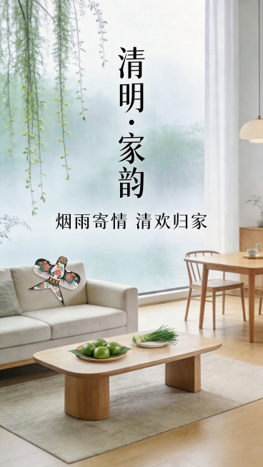 清明时节，烟雨朦胧，垂柳新芽，青团、纸鸢、艾草等清明元素，搭配简约现代家居，包括沙发、茶几、原木餐桌、清新软装，整体色调柔和淡雅，新中式风格，画面干净治愈，氛围感静谧温馨，适合海报设计，高清质感，构图预览效果