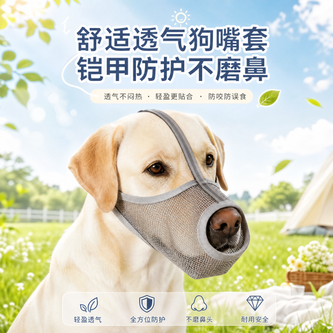 电商宠物用品海报，夏日清新通透风格，画面中是一只白色可爱的狗狗佩戴着灰色PVC网格全封闭狗嘴套，嘴套保留原图的透气网格结构、头顶安全绳设计，狗狗神态温和自然。背景是明亮的夏日户外草坪场景，有柔和的阳光预览效果