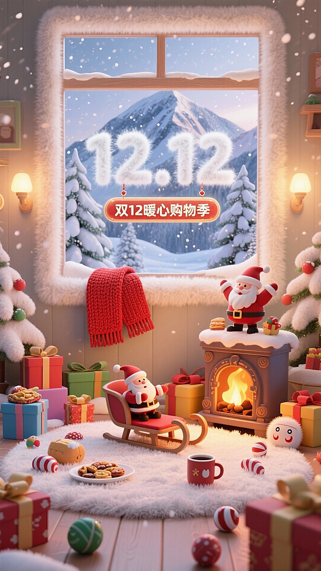 软3D风温馨场景，拟人化圣诞老人与礼物环绕，粘土质感搭配暖光烘托喜庆氛围，窗外雪景与“12.12”字样呼应双12暖心购物季。