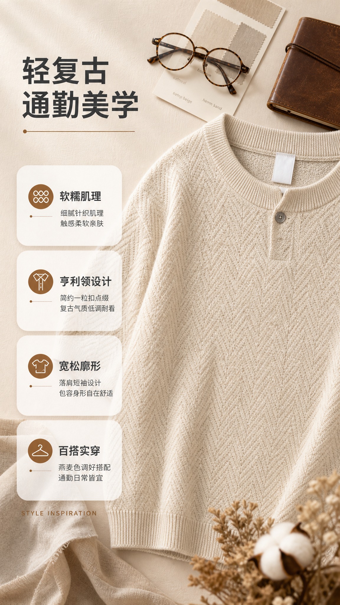 [商品] 使用【图1】燕麦色亨利领短袖针织衫；商品处理：保留亨… - 图片创意预览