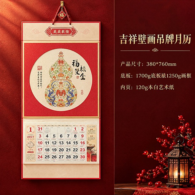 电商产品详情主图，左侧展示吉祥壁画吊牌月历实物，右侧展示产品参数文字信息，左右分栏布局。左侧挂历严格参照上传产品图（福禄双全款），完整保留所有可见组件、部件、轮廓、结构、比例、材质、颜色与产品本体上的所有文字信息，与上传图完全一致，绝不删减或改动产品本身任何部分，产品规格380*760比例严格保持不变，绝对不允许拉伸变形。挂历通过红色挂绳悬挂于深红色高级肌理背景上，挂绳顶部有金色挂扣和红色福字吊牌装饰。右侧文字区域为深红色背景配金色文字，从上到下依次为：大标题"吉祥壁画吊牌月历"，产品尺寸:380*760mm，底板:1700g底板裱1250g画框，内页:120g本白艺术纸。右下角点缀红色浆果与黑色金属小提灯装饰，营造新中式喜庆高级氛围。画面整体比例1:1正方形构图，左右分栏布局，左侧产品占约60%宽度，右侧文字占约40%宽度，产品为绝对视觉焦点。4K写实光追，商业级电商主图质感，暖金色柔光突出挂历壁画质感与烫金工艺细节。