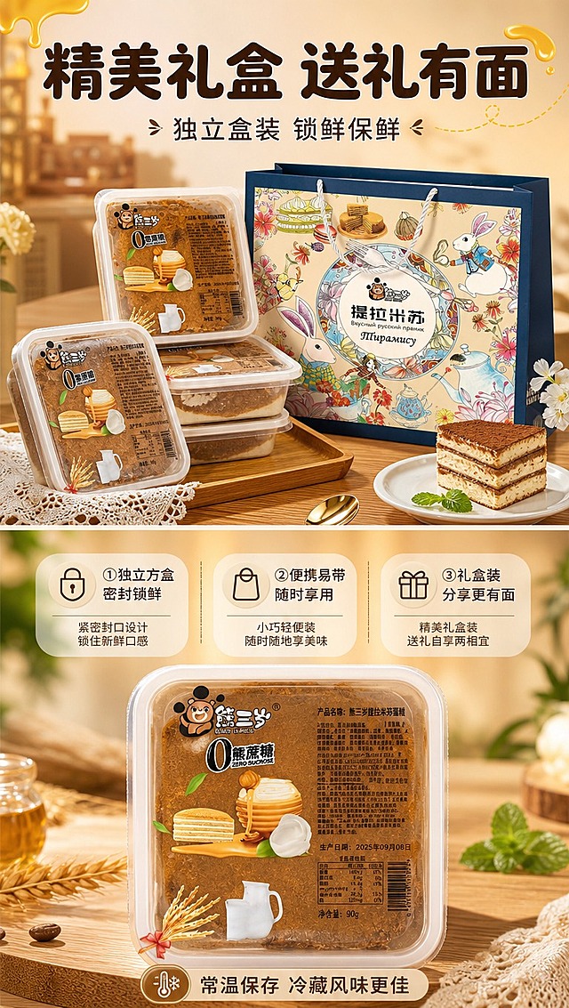 [商品] 使用【图2】【图10】熊三岁提拉米苏包装与礼盒图；保留透明方盒包装、品牌Logo、零蔗糖标识、爱丽丝梦游仙境风格礼盒手提袋；商品处理：保留包装所有文字与图案，清晰化礼盒印刷细节，增强包装盒质感，不修改商品本体文字。
[画面] 目标：包装与锁鲜展示，突出独立盒装+礼盒装双重形态。构图：上下两段式，上半部分占50%展示礼盒装（手提礼袋+多盒组合），下半部分占50%展示单盒独立包装细节；背景为木质桌面+暖调虚化环境；体现送礼与自吃两相宜的价值感。
[视觉] 套系策略：风格=暖调治愈食欲风商业摄影；标题字=圆润粗黑体（可爱亲和）；正文字=简洁无衬线体；主色=蜂蜜暖棕+奶白色；背景延展=基于暖棕与奶白做深浅层级、同色渐变和细腻木纹/纸张质感；强调色=蜂蜜金黄色，仅用于小面积图标、引线和标签高光；标题色=深棕褐色；正文色=暖棕灰；组件=圆角奶白信息卡、细线引线、蜂蜜滴装饰；光影=左前侧暖柔光，右侧柔和补光，突出包装盒通透感。
[文字] 上半部分主标题「精美礼盒 送礼有面」，副标题「独立盒装 锁鲜保鲜」；下半部分3个包装卖点：①独立方盒 密封锁鲜 ②便携易带 随时享用 ③礼盒装 分享更有面；底部标注「常温保存 冷藏风味更佳」；所有文字横排，分区清晰不遮挡包装主体。
[规格] 图片比例9:16竖版，4K分辨率，避免变形、错字、文字过小、冷蓝背景、包装文字错乱。