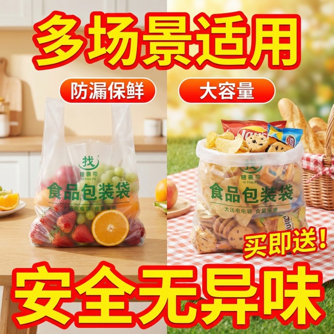我的产品是食品包装袋，帮我做10张拼多多风格的主图预览效果
