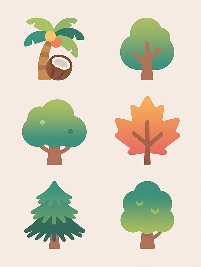 六个不同种类的卡通风格树木图标，包括椰子树、杨树、樟树、枫树、松树和柏树，每个树木图标都采用统一的扁平设计风格，具有圆润的线条和渐变色彩，树木的特征细节清晰可辨，如椰子树的果实、枫树的掌状叶、松树的针状叶等，所有图标排列在纯色背景上，整体色彩进行统一变换，保持视觉上的协调性和一致性，适合用于系列素材集合展示。