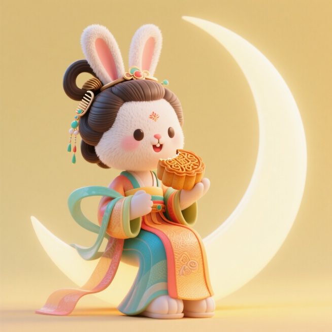 （嫦娥服饰和发型）的拟人化兔子形象坐在弯月上。淡黄色背景，手上拿着月饼吃了一口预览效果