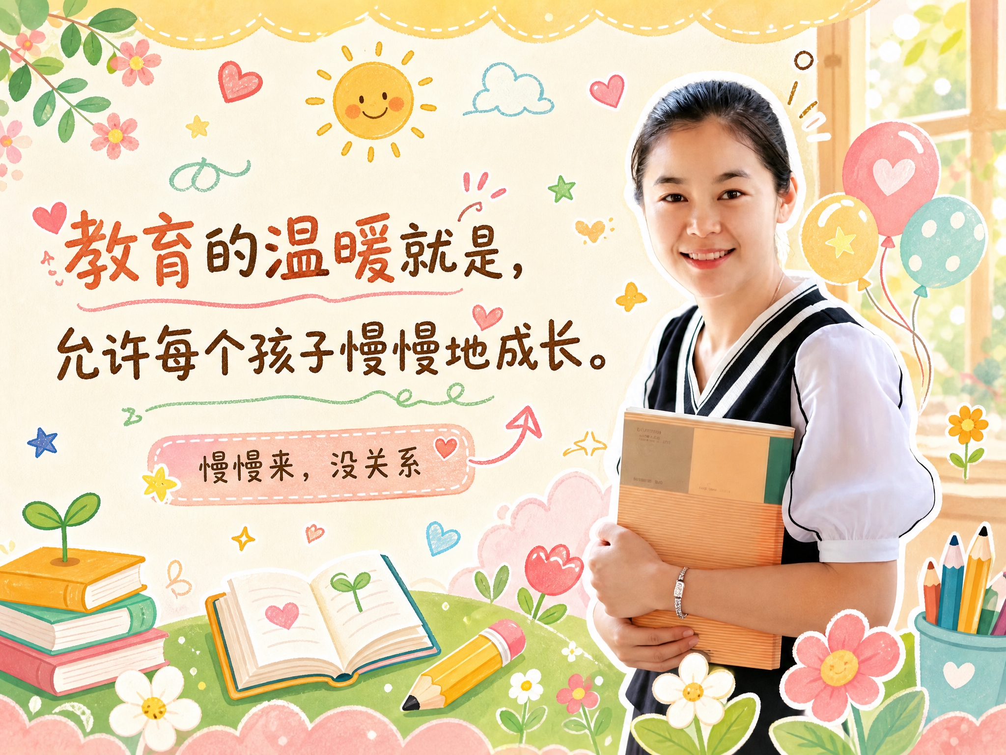 基于上传的年轻女性教师照片，设计一张横版4:3的活泼可爱风格教… - 图片创意预览