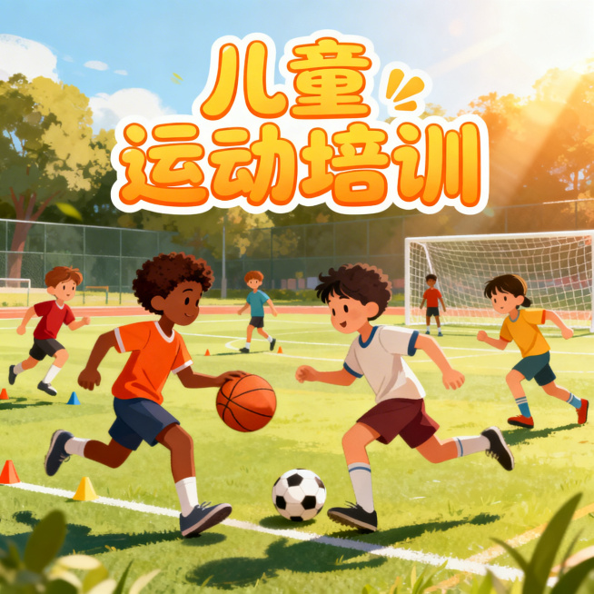 充满活力的儿童运动培训宣传图，多个不同肤色的孩子在户外操场进行篮球足球训练，阳光灿烂，色彩鲜艳明亮，充满童趣和运动感，背景有"儿童运动培训"艺术字标题，整体积极向上预览效果