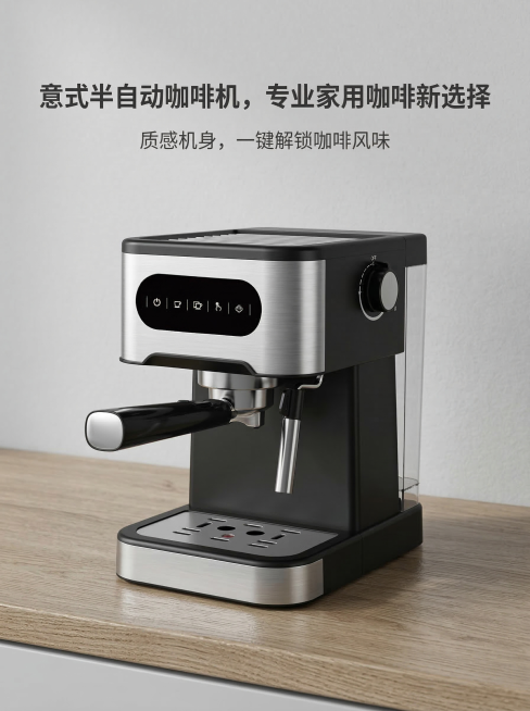 意式半自动咖啡机放在居家吧台场景中央，咖啡机占画面45%，背景浅灰色搭配木质吧台，无多余元素。顶部安全区居中放置一级标题"意式半自动咖啡机，专业家用咖啡新选择"和副标题"质感机身，一键解锁咖啡风味"，预览效果