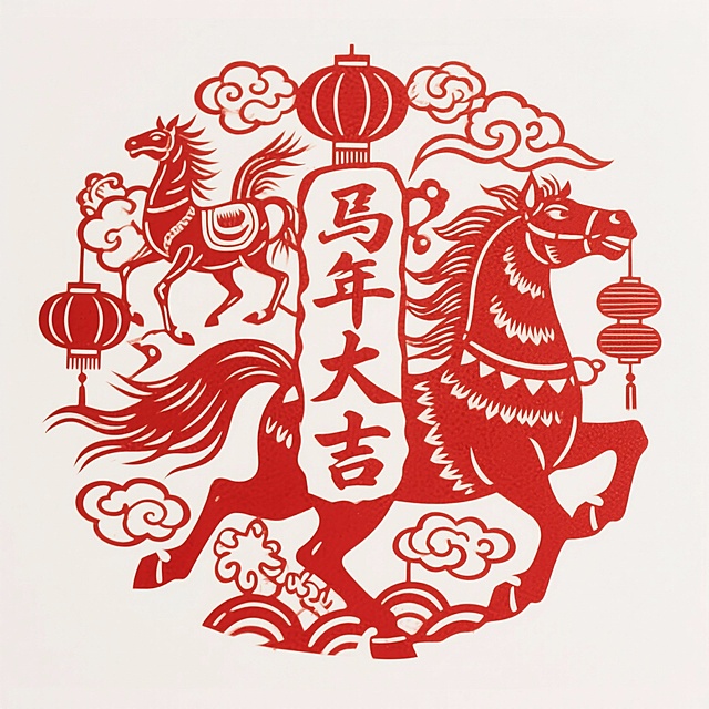 生成马年春节元素的窗花 白底 窗花仅用红色构成 融入文字“马年大吉”