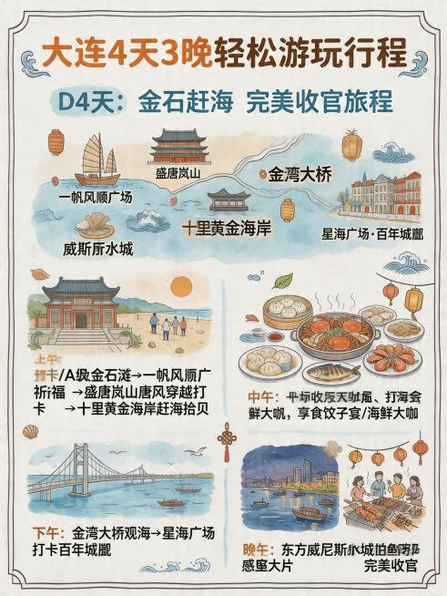 大连4天3晚轻松游玩行程，D4天：A级金石滩-一帆风顺广场-盛唐岚山(穿越唐朝网红打卡地)-十里黄金海岸体验原生态赶海（阳光 沙滩 捡贝壳） -金湾大桥 -星海广场-百年城雕-威尼斯水城-尝舌尖上的美预览效果