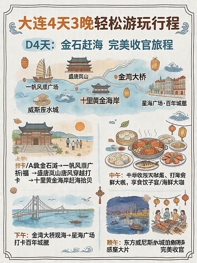 大连4天3晚轻松游玩行程，D4天：A级金石滩-一帆风顺广场-盛唐岚山(穿越唐朝网红打卡地)-十里黄金海岸体验原生态赶海（阳光 沙滩 捡贝壳） -金湾大桥 -星海广场-百年城雕-威尼斯水城-尝舌尖上的美食饺子宴或海鲜大咖！整体风格为水彩手绘插画，包含灯笼、海浪等国风装饰元素，布局清晰，标题为"大连4天3晚轻松游玩行程"，D4天标题为"D4天 金石赶海 完美收官旅程"，内容排版分为上午下午两段，包含景点地图和饺子宴/海鲜大咖插画，画面风格和参考图保持一致，水彩手绘，简约清新国风，排版结构和参考图一致