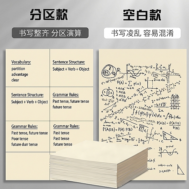 [单张主图] 草稿纸护眼草稿本，爆款促销对比型主图，展示分区款草稿纸的书写优势。参考图采用了左右分栏对比版式，左侧为分区款带数学笔记，右侧空白款带满数学公式。本次需要生成左右分栏，两张本米黄色草稿纸，左侧草稿纸写上英语笔记，右侧草稿纸写上数学笔记，保持左侧书写整齐，右侧书写对比。画面主体为一叠米黄色草稿纸下方居中展示，保持草稿纸外观、米黄色颜色、堆叠结构与输入产品图一致，杜绝任何变形和色差，精细化处理。商品主体占比约20%，双草稿纸展示区域占比约60%，整体构图饱满。背景为浅灰色渐变干净简洁，顶部为大标题区域，下方为左右分栏展示对比。顶部大标题分为左右两块，左侧标题"分区款"黑色粗体大字，下方深灰色条幅写白色文字"书写整齐 分区演算"，右侧标题"空白款"黑色粗体大字，下方浅灰色条幅写黑色文字"书写凌乱 容易混淆"。对比展示了分区草稿本的优势，突出产品卖点。商业摄影质感，光线柔和通透，产品清晰真实，画面干净高级。主光来自正前方柔光，均匀照亮整个画面，左右分栏阴影过渡自然，纸张纹理清晰，草稿纸堆叠有明确明暗层次和接触阴影，整体通透不灰蒙。配色主色调为浅灰背景，搭配米黄纸张，深灰浅灰文字色块，黑色主文字对比清晰。视角为平视，景深中等，文字清晰锐利，超高清。文字层级分明：顶部标题最大，条幅文字中等，草稿纸上笔记清晰自然。严格遵循参考图的左右对比版式，只修改笔记内容为左侧英语右侧数学，草稿纸产品本身保持米黄色和输入一致。[负向提示词] 变形，水印，文字错乱，产品图模糊，背景杂乱，遮挡主体，错字，伪Logo