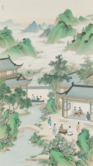 中国传统工笔重彩山水画，青绿设色，远山层叠，云雾缭绕，近处亭台楼阁错落有致，庭院内文人雅士或品茗对弈或漫步赏景，小桥流水，绿树繁花，人物衣袂飘飘，神态悠然，整体画面构图饱满，线条细腻流畅，色彩典雅和谐，营造出宁静祥和、富有诗意的古代文人生活场景，具有浓厚的中国传统国画韵味和古典园林意境。预览效果