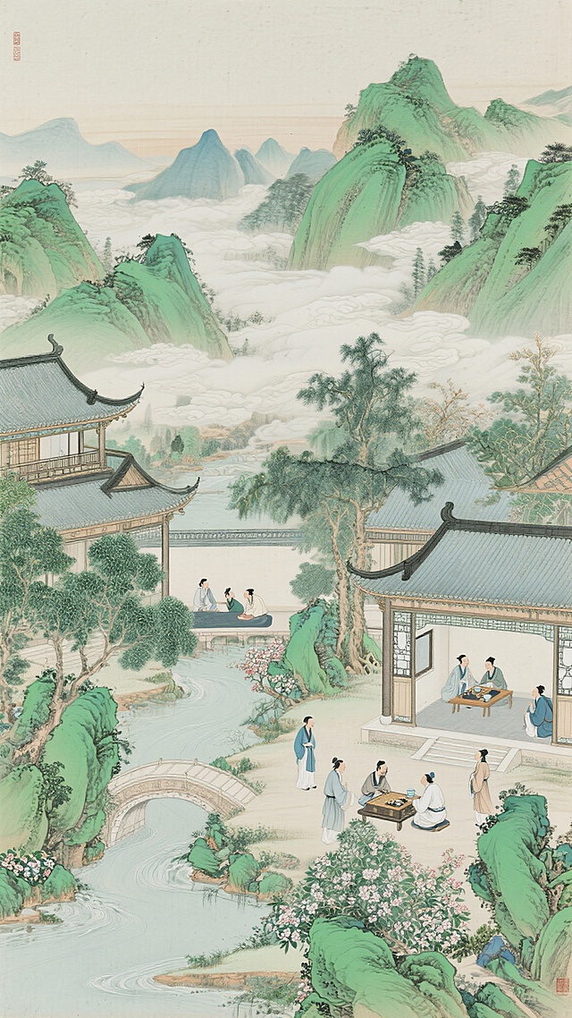 中国传统工笔重彩山水画，青绿设色，远山层叠，云雾缭绕，近处亭台楼阁错落有致，庭院内文人雅士或品茗对弈或漫步赏景，小桥流水，绿树繁花，人物衣袂飘飘，神态悠然，整体画面构图饱满，线条细腻流畅，色彩典雅和谐，营造出宁静祥和、富有诗意的古代文人生活场景，具有浓厚的中国传统国画韵味和古典园林意境。