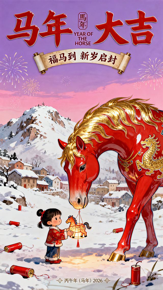 一匹巨大的红色神马（占据画面右侧大半部分，马身散发着神圣的金色光辉，马头低下、鬃毛飘逸）眼神温和地注视着左下角可爱的小女孩（春节喜庆的着装，双手虔诚地捧着一个小马造型的花灯递给马）。背景为积雪覆盖的冬日山顶和小镇，地面散落着若干红色的鞭炮筒，远处是梦幻的粉紫色渐变天空、烟花，动态感，互动感，极致的大小对比。顶部文案组合设计（极具设计感的艺术字大标题“马年 大吉”中间穿插英文“YEAR OF THE HORSE”，旁边装饰印章“馬年”，下面卷轴文本框的正文“福马到 新岁启封”），底部有设计感的小巧的装饰文案“丙午年（马年）2026"，潮流个性的排版